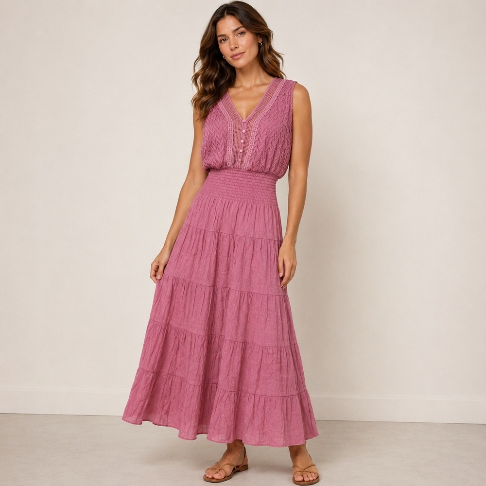 J Glee Maxi Dress Women L Pink Cheveron Crochet Smocked Tiered Boho Sleeveless